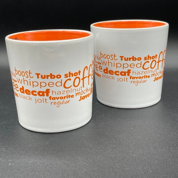 His Hers Dunkin' Donuts DD Pair of 2011 White Orange Coffee Mugs 14 oz. Words - Picture 6 of 7